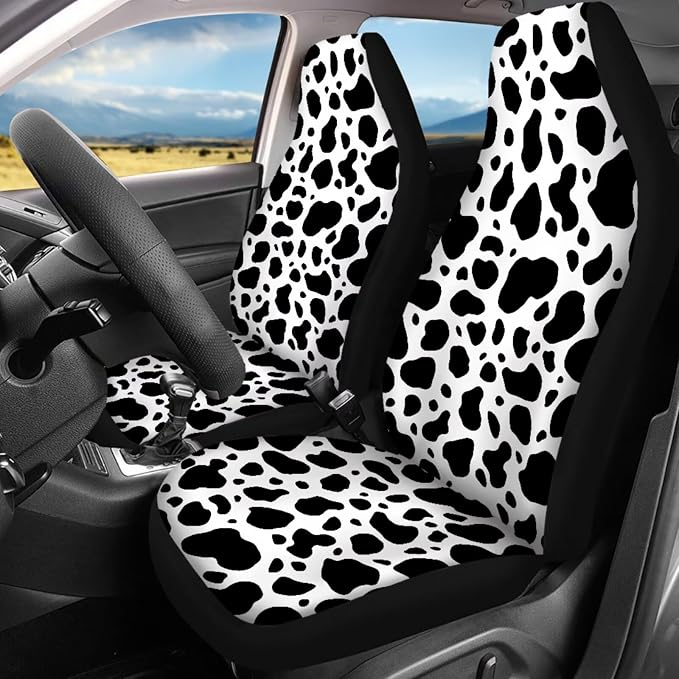 Cow Print Car Seat Covers Set 17 Pack,Cute Cow Print Car Accessories Set Full Sets with Vehicle Front Rear Carpets Mats,Steering Wheel Covers,Seat Belt Shoulder Pad Universal Fit Most Car SUV