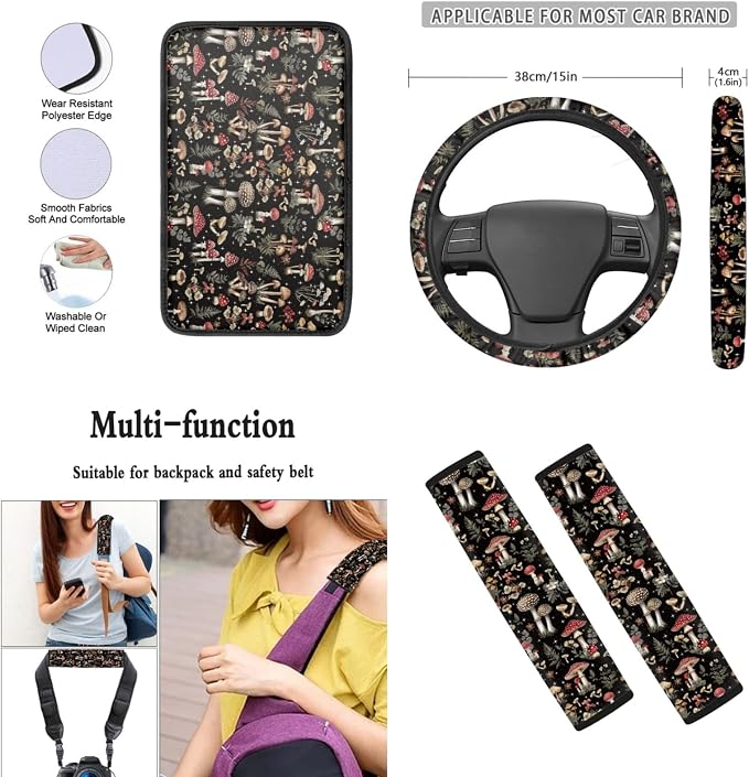 Mumeson Mushroom Car Accessories Car Front and Rear Seat Covers Protector with Steering Wheel Cover + Seat Belt Covers Shoulder Pads + Car Armrest Cushion Pad 8 Pack Set Car Accessories