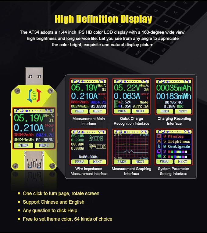RD UM34C 4A USB3.0 USB Meter Tester Voltage Current Power Charger Voltmeter Ammeter Multimeter Tester Measure Cable Resistance(UM34C)