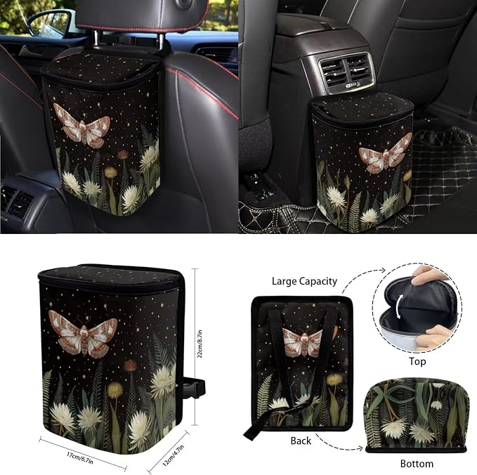 Teal Moth Moon Car Seat Covers Full Set 15 Pcs Universal Car Accessories Steering Wheel Cover Seat Belt Pads Garbage Bag Car Headrest Pillow Covers Armrest Pad