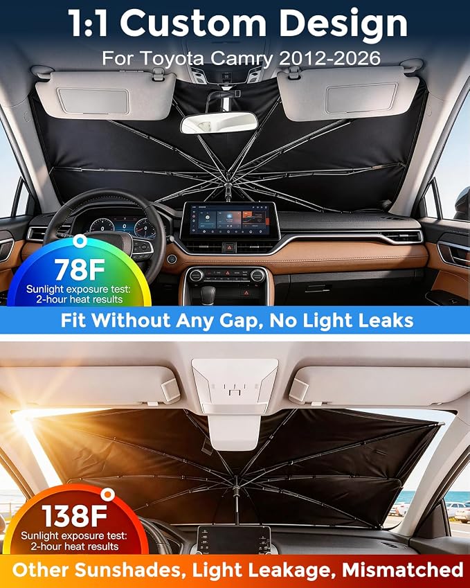 Weektic Custom Windshield Sun Shade Umbrella for Toyota Camry 2012-2026, [Double Thickened Ice Crystal Coating], Sun & Heat Protection, Keep Vehicle Cool & Protect Interior