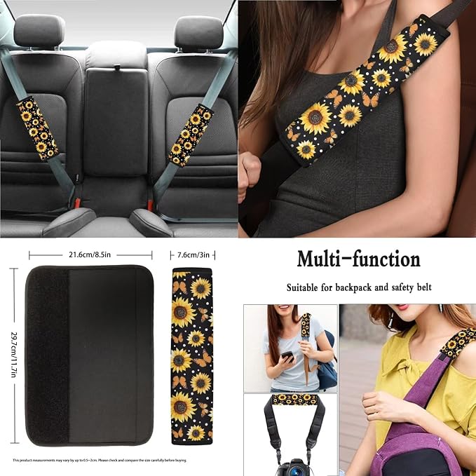 Sunflower Butterfly Dot Print 13 Pieces Car Interior Accessories, Auto Front and Rear Seat Cover Set of 4, 1 Comfort Steering Wheel Cover, 4 Soft Seat Belt Cover, 4 Cup Holder Coasters