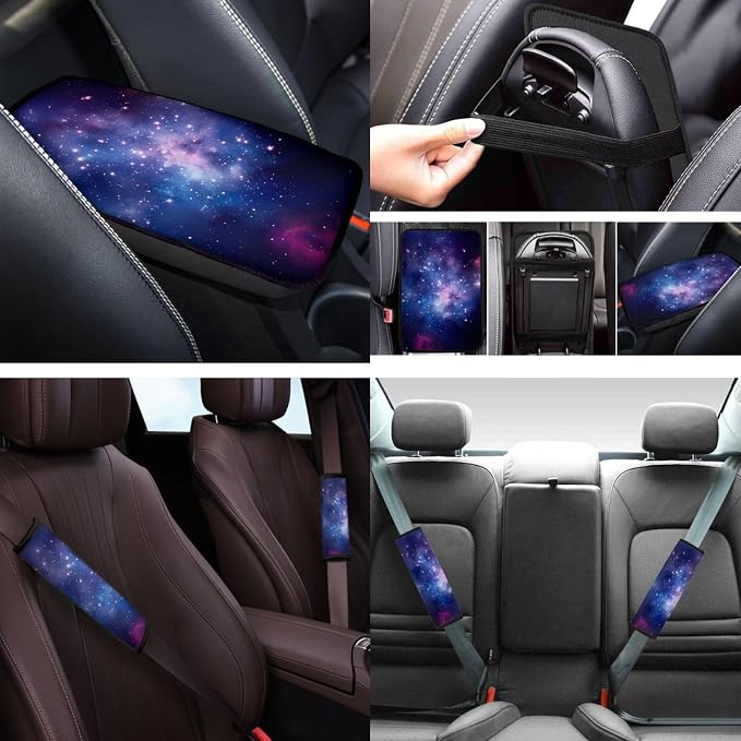 Purple Galaxy Car Seat Covers Set 12 Pcs with Steering Wheel Cover Seat Belt Cover Center Console Cover Keychain Holder Easy to Install Fit for Most Cars, SUVs