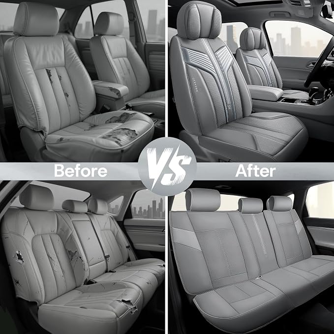 CAR PASS Nappa Leather Seat Covers, Breathable Waterproof Car Seat Covers Full Set, Luxury Leather Front and Back Seats Full Coverage, Universal Fit SUV Pick-up Truck Sedan Automotive(Gray)