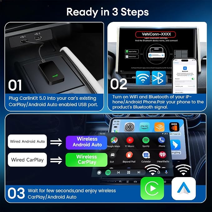 Carlinkit 5.0 Android Auto & Wireless CarPlay Adapter,Plug & Plug, Two Channel Connection, Online Update,for Cars with OEM Android Auto & Wired CarPlay (2016-2026), 10s Auto-Connect