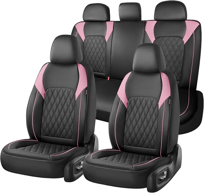 Coverado Seat Covers, Car Seat Covers Full Set, Car Seat Cover, Car Seat Covers Front Seats and Back, Waterproof Car Seat Cushion, Faux Leather Car Seat Protector Universal Fit Most Cars, Black&Pink