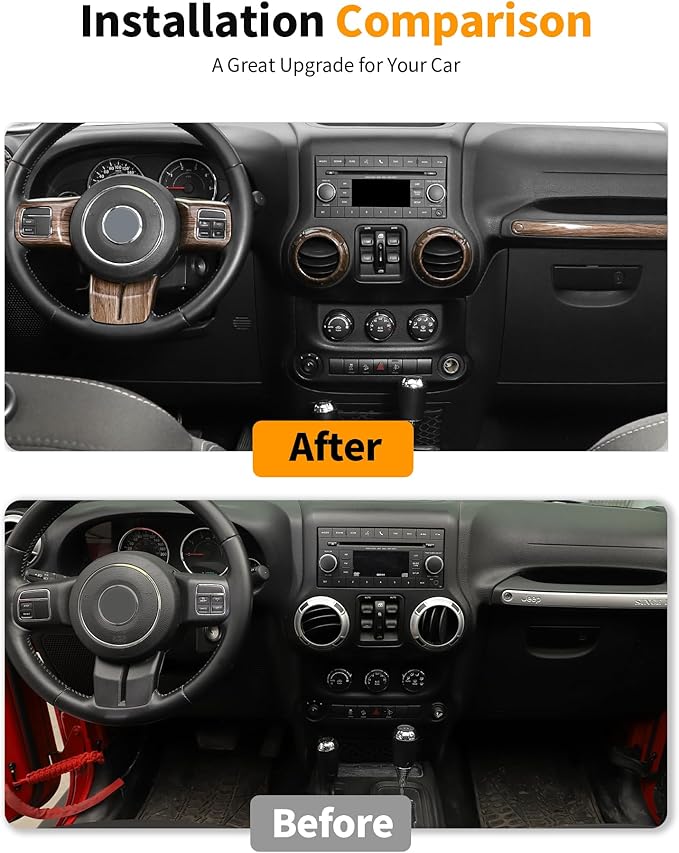 Hoolcar Steering Wheel Cover Gear Shift Panel Trim Cover Water Cup Holder Cover Kit Interior Accessories Kit Fit for Jeep Wrangler JK JKU 2011-2018, 4-Door, Wood Grain