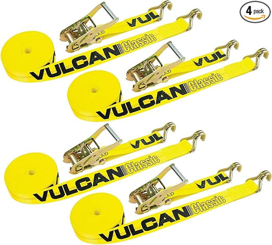 VULCAN Ratchet Straps with Wire J Hooks - 2 Inch x 15 Foot - 4 Pack - Classic Yellow - 3,300 Pound Safe Working Load