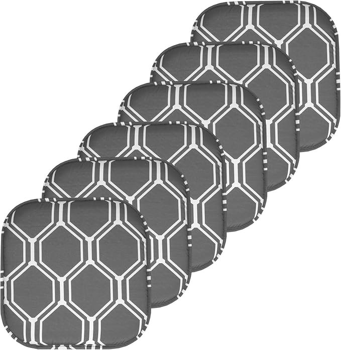 Sweet Home Collection Chair Cushion Memory Foam Pads Honeycomb Pattern Slip Non Skid Rubber Back Rounded Square 16" x 16" Seat Cover, 6 Pack, Mirage Gray/White