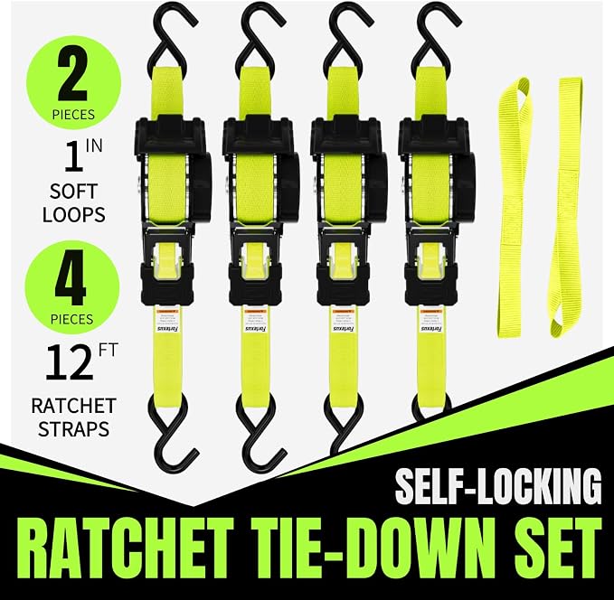 Retractable Ratchet Straps, 4-Pack, 1 Inch x 12 Feet, 1,760lb Break Strength, Self Retracting Tie Down for Truck, Cargo Trailer, Motorcycle, ATV, UTV (Yellow, 4pack)