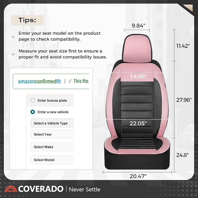 Coverado Car Seat Covers Front Seats, Luxury Leather Car Seat Covers, Automotive Mesh Seat Covers 2 Pack, Airbag-Compatible, Black Pink Seat Covers for SUV Sedan Truck