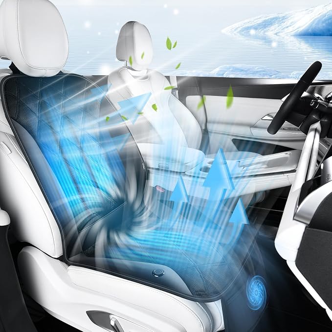 Upgraded Cooling Car Seat Cover, 12V-24V Ventilated Car Seat Cushion, 3-Speed Adjustable Cooling Car Seat Cushion, Breathable Mesh & Leather Cooling Seat Pad Universal Fit Car SUV Truck Van-Black