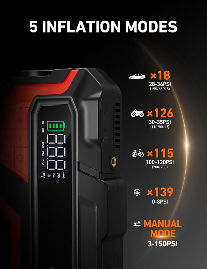 AstroAI Jump Starter with Air Compressor, Car Battery Jump Starter Portable with 150PSI Cordless Auto-Shutoff Tire Inflator, 12V Battery Charger Booster(Dark Red)