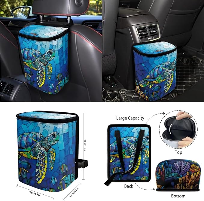 Turtle Coral Glass Print 15 Pack Car Accessories Set Car Seat Covers Steering Wheel Cover Seatbelt Strap Pad Garbage Cans Air Vent Storage Holder Rearview Mirror Cover Coasters Keychain