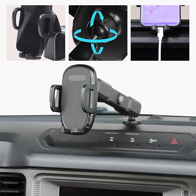 Linskip Dashboard Universal Phone Mount & Smart Phone Holder for 2021-2026 Ford Bronco Raptor & Bronco Accessories 2/4 Door, Rotates Vertical and Horizontal, One-Hand Operation, Interior Accessories