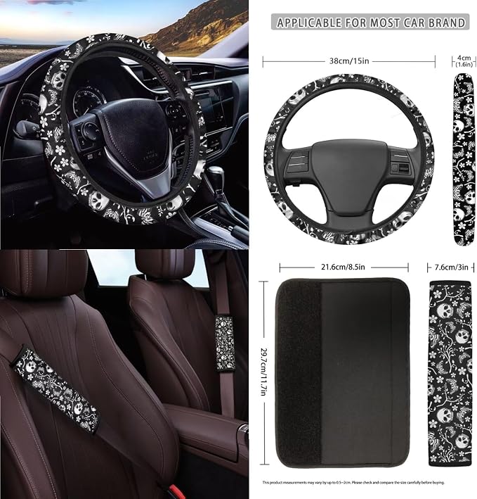 Wanyint Skull Butterfly Floral 15 PCS Car Seat Covers Set for Men Women, Seat Protector with Steering Wheel Cover Seat Belt Pads Trash Bin Sunglass Pocket Rear View Mirror Protector Coasters Key Chain