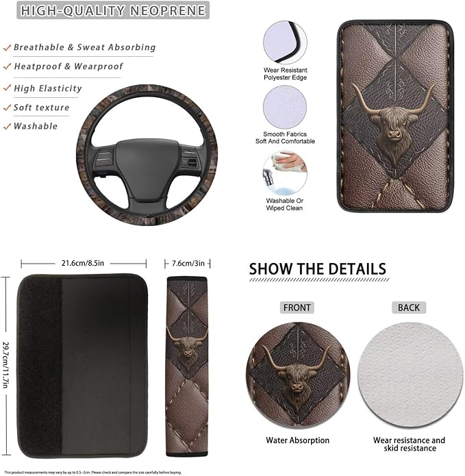 Lotusorchid 16 Pcs Car Seat Covers Protector, Highland Cattle Print Auto Seats Covers with Steering Wheel Cover Car Armrest Box Pad Vehicle Seat Belt Pad Headrest Cover for Cars, Easy to Install