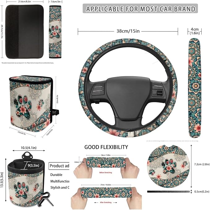 Dreaweet Dog Paw Car Seat Covers Full Set for Women Boho Car Accessories Steering Wheel Cover Seat Belt Pads Coasters Trash Bag Vent Storage Pouch Rear View Mirror Cover Keychain Universal Fit