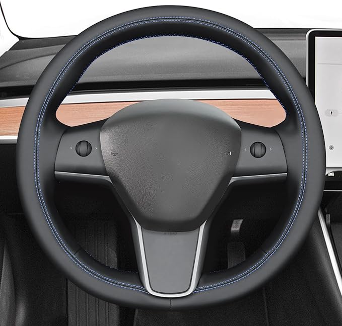 MEWANT Hand Stitch Black Smooth Faux Leather Steering Wheel Cover Wrap for Tesla Model Y 2020-2023 Model 3 2017-2023