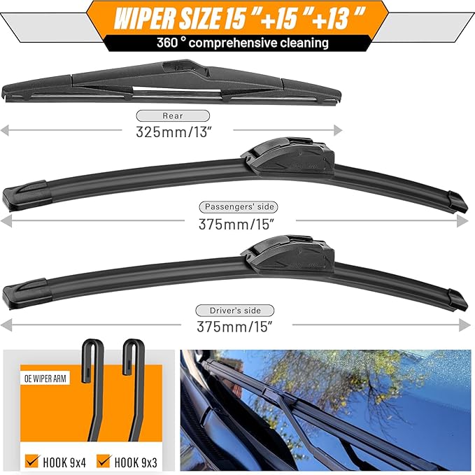 AUTOBOO 15"+15" Windshield Wipers with 13 Inch Rear Wiper Blade Replacement for Jeep wrangler JK 2008-2018,Jeep wrangler 2007-2017-Original Factory Quality (Pack of 3)