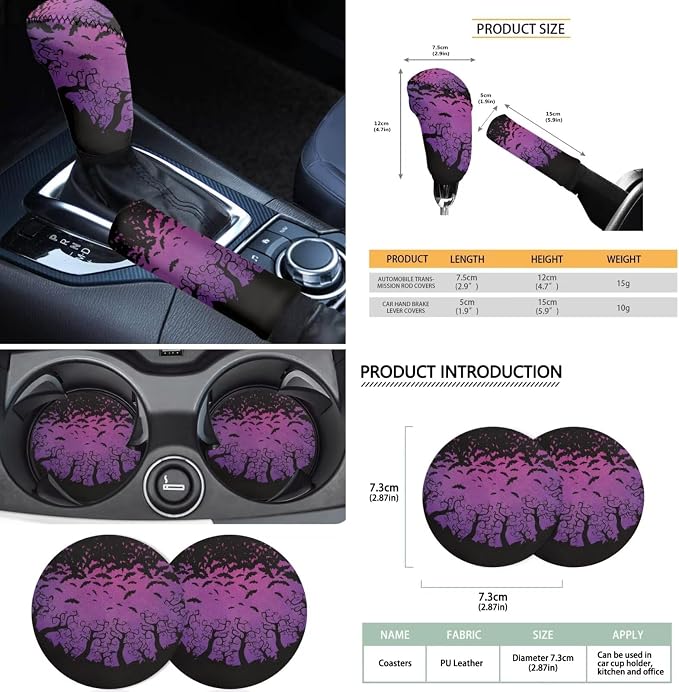 18 Pc Gothic Bat Car Seat Cover Set - Universal, Armrest, Steering Wheel, Seat Belt, Cup Coaster, Handbrake & Keychain - Purple