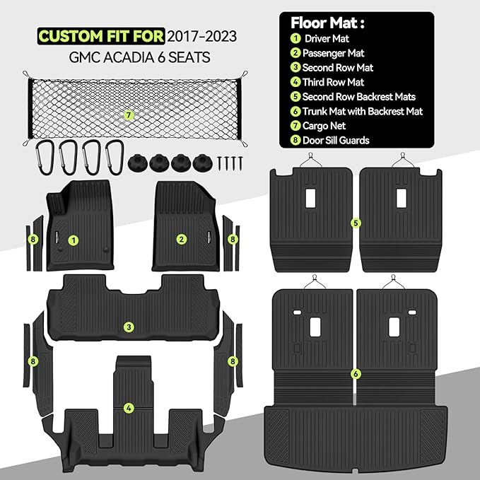 Tongama-Floor Mats for 2017-2023 GMC Acadia 6 Seat with Bucket Seats, All Weather TPE Trunk Mat with Backrest Mat & 2nd Row Backrest Mats & Cargo Net & Full Coverage Door Sill Guards Kit