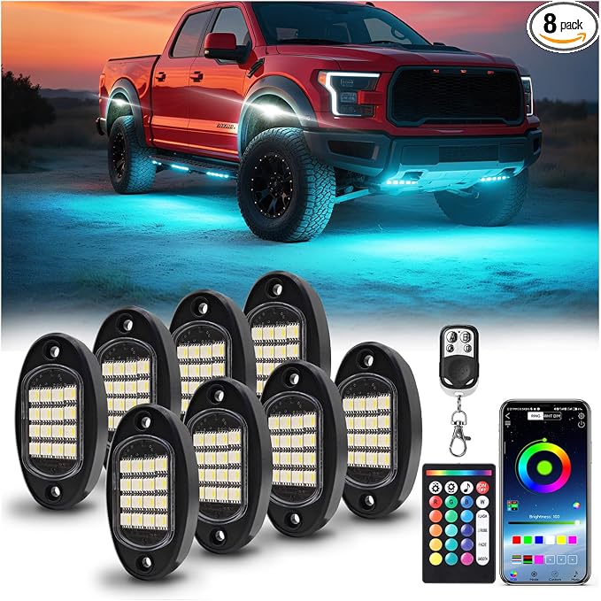 8 Pods RGBW LED Rock Lights, 6500K Bright Pure White & Vibrant RGB Underglow Lights Kit for Truck Off Road ATV UTV Golf Cart RZR, Waterproof Underbody Rock Light App/RF Remote Brake Music Sync, 12V
