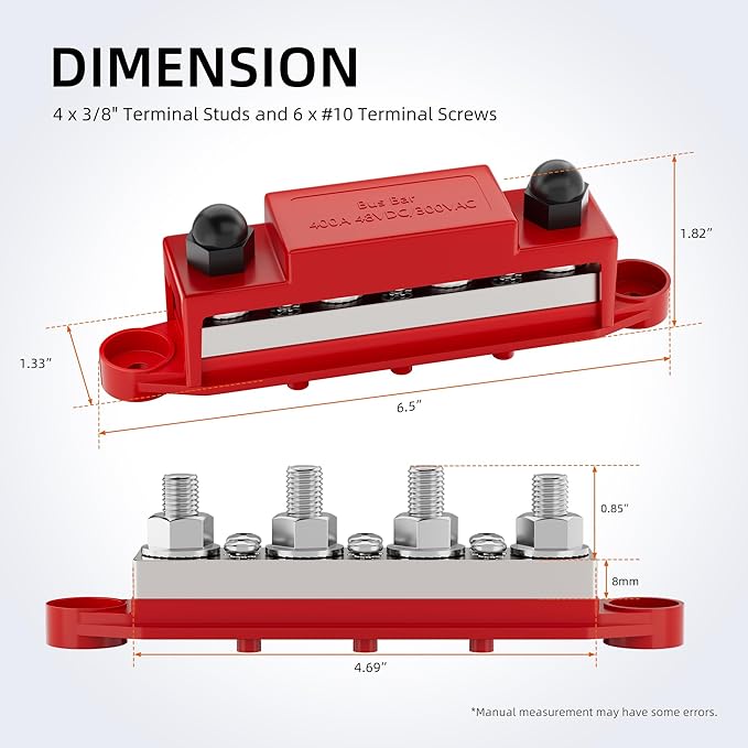 RVBOATPAT 400A Power Distribution Block 12V Bus Bar 4 x 3/8" (M10) Terminal Studs and 6 x #10 Terminal Screws 12 Volt Marine Bus Bar Positive & Negative for Boat Automotive Solar System
