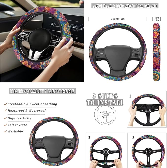 Boho Floral Butterfly Auto Interior Accessories Car Seat Covers with Auto Steering Wheel Cover Seat Belt Covers Car Trash Can View Mirror Cover Coaster Keychains
