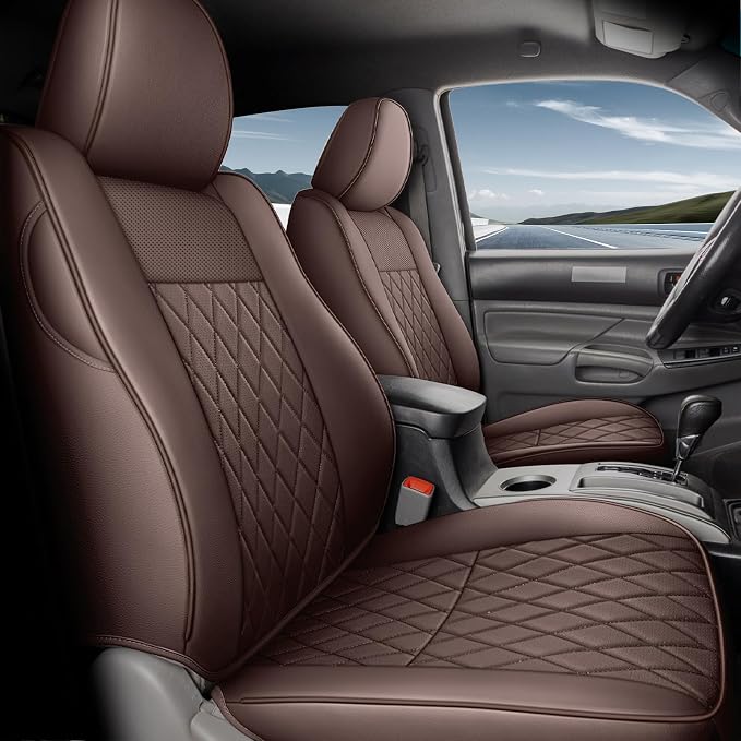 Coverado Tacoma Seat Covers, Leather Car Seat Covers Full Set Custom Fit 2005-2023 Toyota Tacoma Double/Crew Cab, Seat Covers for Cars Car Seat Protector(Brown)