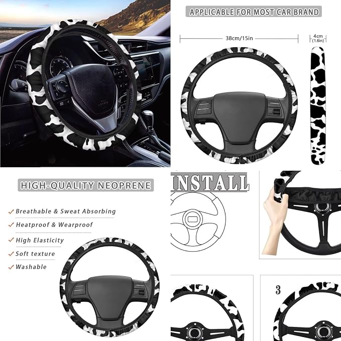 Highland Cattle Print Car Seat Covers Cow Print Steering Wheel Cover Non Slip Seatbelt Covers Set of 4, Universal Auto Seat Protector for Most Vehicles, Black