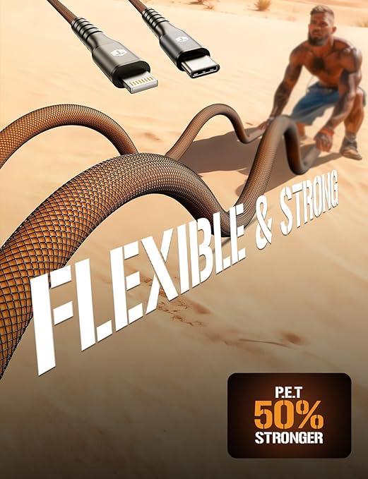 ToughTested USB C to Lightning Cable 8FT – MFi Certified iPhone Fast Charger Cord, P.E.T. ArmorWeave Braided, 3AMPS Fast Charging Compatible iPhone 14 13 12 11 Pro Max X XS XR 8 7 6 Plus and More