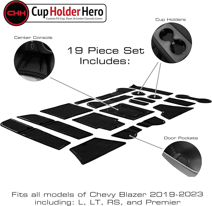 CupHolderHero Compatible with Chevy Blazer Accessories 2019-2023 Premium Custom Interior Non-Slip Anti Dust Cup Holder Inserts, Center Console Liner Mats, Door Pocket Liners 19pc Set (Solid Black)