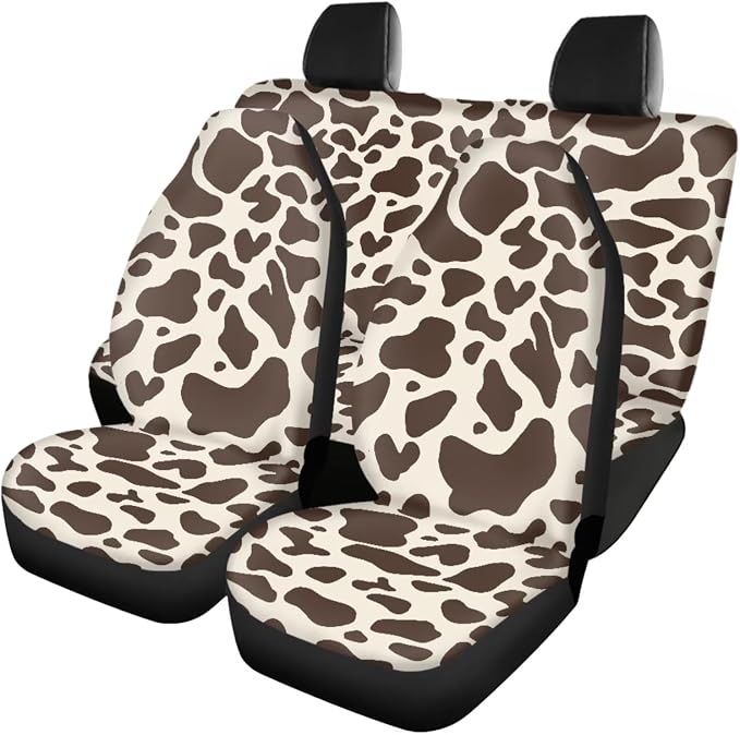 Brown Cow Print Car Seat Covers Car Floor Mats Steering Wheel Cover Armrest Pad Covers Seat Belt Pads Handle Wraps Cup Coaster Keychain Automotive Interior Accessories 18 Pcs Set