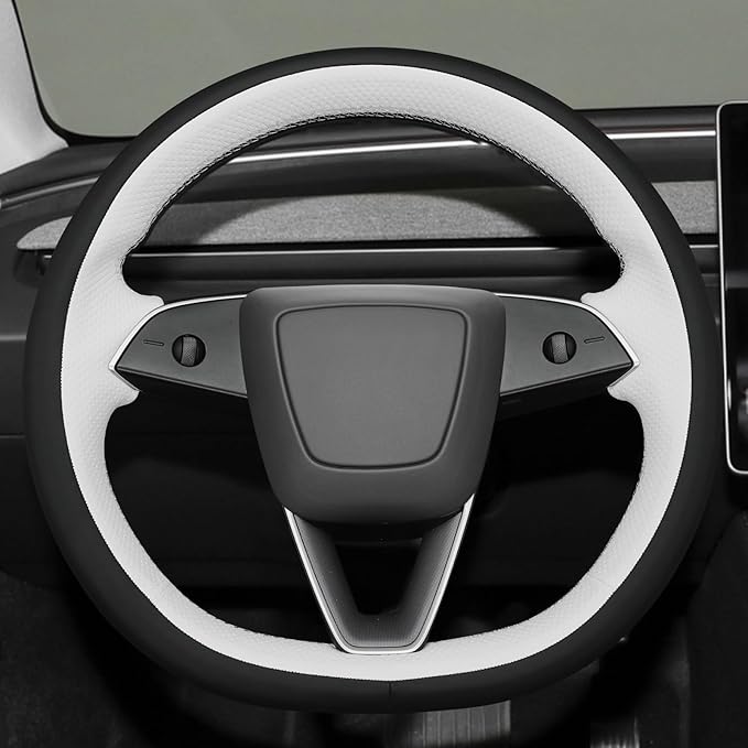 MEWANT Hand Stitch Black White Faux Leather Steering Wheel Cover Wrap for Tesla Model 3 Highland 2025 Model Y Juniper