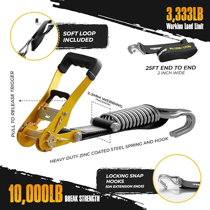 TorkStrap Pro 25' x 2'' Self Tensioning Ratchet Straps (10,000LB Break Strength) - Adjusts to Load Shifts - Heavy Duty & Industrial Use - Extra Soft Loops - Heavy UTV, Cargo, ATV, Trucks (2-Pack)