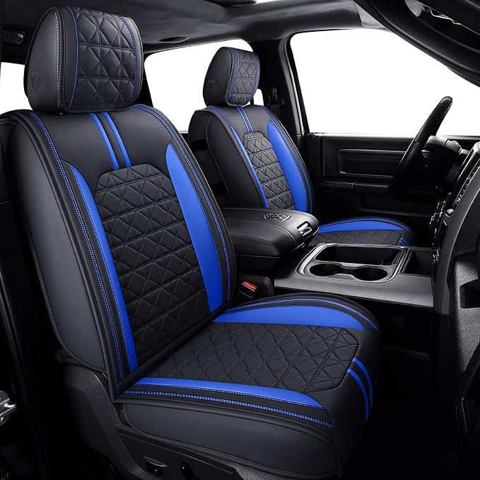 YIERTAI for Dodge RAM Seat Covers Fit 2009-2025 2026 1500/2500/3500HD Pickup Crew Double Cab Quad Cab Laramie Long Horn Rebel Tradesman Waterproof Leather Seat Cover(2 PCS Front only/Black-Blue)