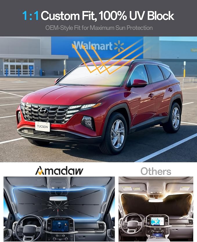Windshield Sun Shade for Hyundai Tucson 2005–2026, Foldable Umbrella Sunshade with 100% UV Block, Multi-Layer Heat Insulation, Reinforced 10-Rib Frame, Keeps Car Cooler, Summer Car Accessory