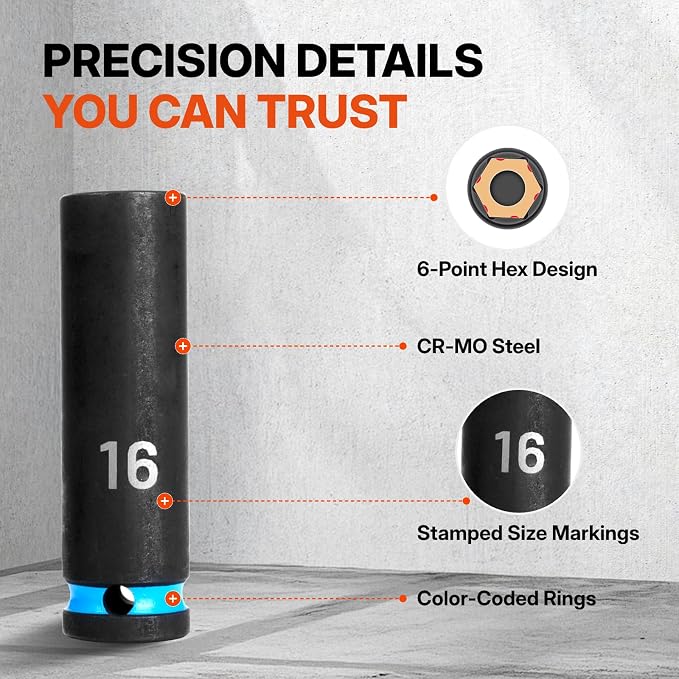 BLACK CANYON 14-Piece 1/2" Drive Deep Impact Socket Set, Metric 6-Point Sockets, Cr-Mo Impact Grade Steel, Heavy-Duty Storage Case for Automotive, Truck & Equipment Repair