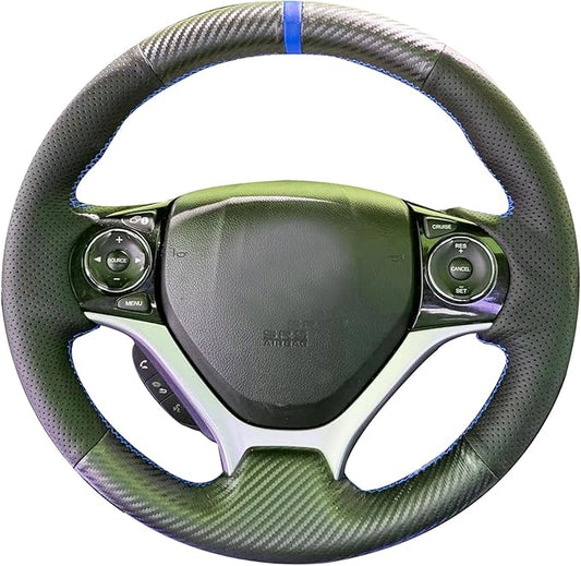 Loncky Carbon Fiber Black Genuine Leather Steering Wheel Cover for Honda Civic 9 Civic 2012 2013 2014 2015 Hand Stitched Custom Fit Car OEM Parts Interior Accessories
