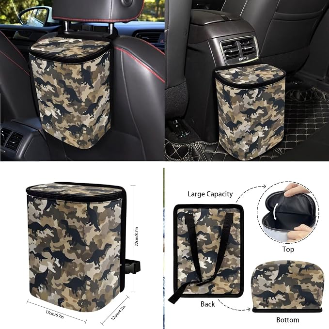 Dinosaur Camo Print 10 Pcs Car Seat Covers Full Sets Scratch-Resistant Car Seat Protector + Steering Wheel Cover + Auto Air Vent Storage Bag + Trash Can + Coaster + Keychain