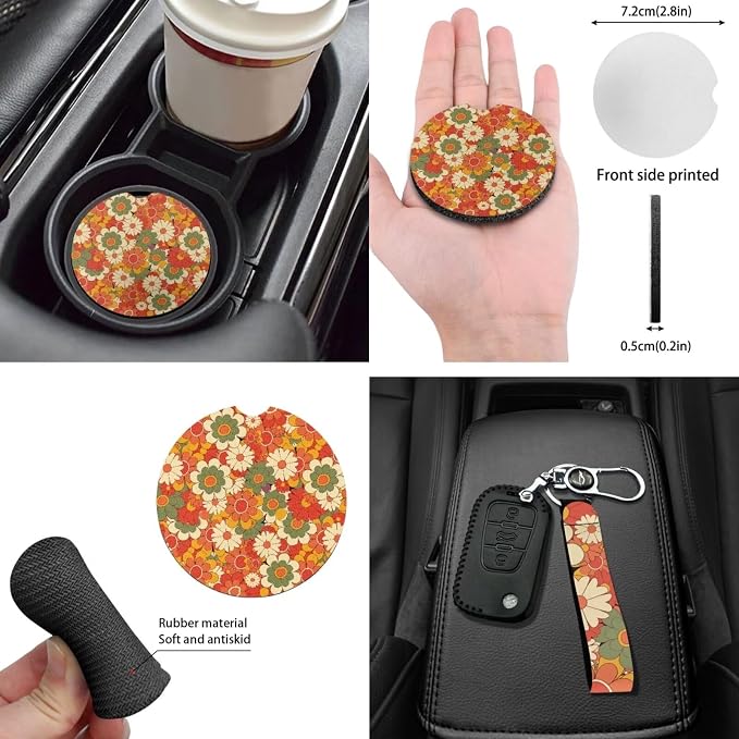 14 Pcs Beauty Hippie Floral Car Seat Cover Sets for Women Orange Boho Groovy Flower Auto Steering Wheel Cover+Seatbelt +Daisy Coasters+Keychains,Retro 70S Aesthetic Car Mirror Interior Cover