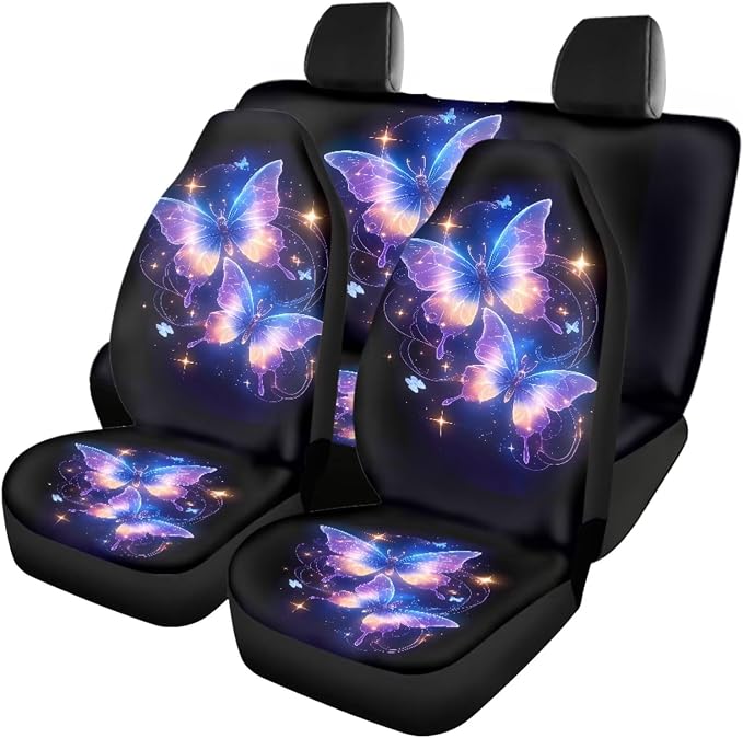 Colorful Butterfly Car Seat Covers Full Set for Women, Floor Mats Steering Wheel Cover Shoulder Pads Armrest Pad Cover Roof Gloves Cup Coaster Keychain, Car Interior Accessories Set of 18
