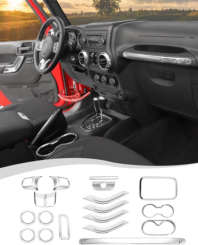 Hoolcar Steering Wheel Cover Gear Shift Panel Trim Cover Water Cup Holder Cover Kit Interior Accessories Kit Fit for Jeep Wrangler JK JKU 2011-2018, 4-Door, Chrome