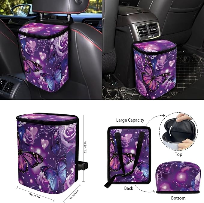 15 Pcs Purple Butterfly Auto Interior Accessories Car Seat Covers with Auto Steering Wheel Cover Seat Belt Covers Car Trash Can View Mirror Cover Coaster Keychains