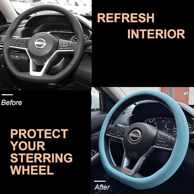 PINCTROT D Shaped Nappa Leather Steering Wheel Cover, Slim Fit No Bulk Design, One Piece Leather with Breathable Perforation, Fit Like Gloves, Flat Bottom 14.5-15 Inch(Nappa Aqua)