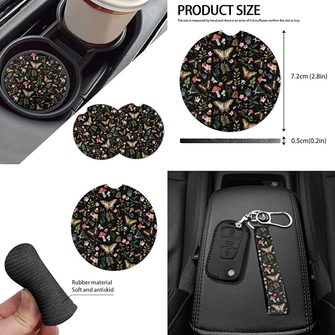 Retro Mushroom Car Seat Cover Back Seat Protection Cover 14pcs Set,Absorbent Coaster+Auto Interior Mirror Cover Accessory+Keychain+Steering Wheel Cover+Gear Shift Knob Handbreak Pads