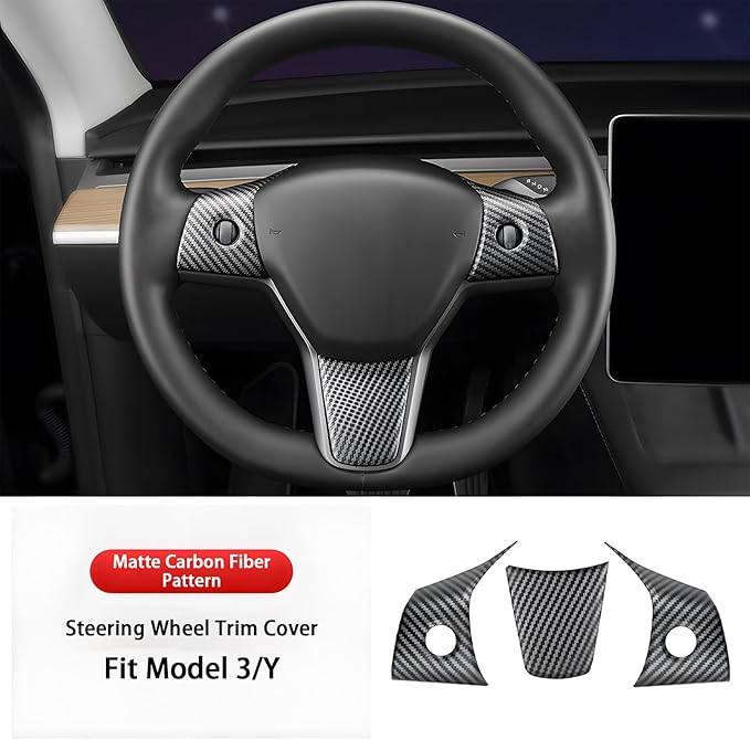 Steering Wheel Trim Cover with Gear Shift Cover for Tesla Model 3 Y Decorative Accessories 5Pcs(Matte Carbon Fiber Pattren)