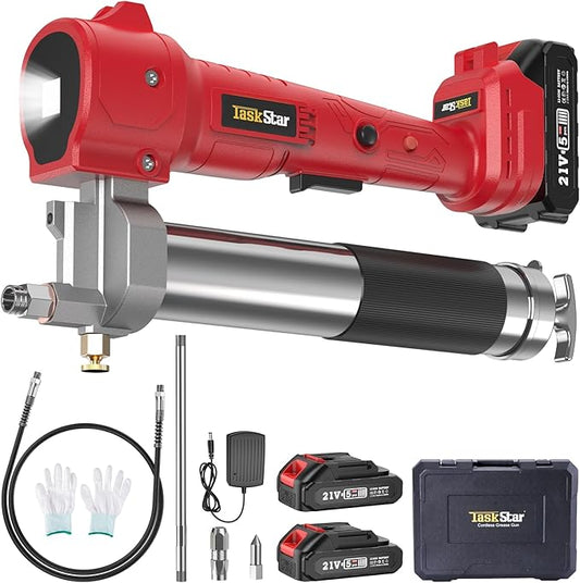 TaskStar Electric Grease Gun Cordless10000 PSI, Grease Gun Kit with 2×2.0Ah Batteries & Charger, 39.4" Flexible Hose & LED Light for Tractors Trucks Trailers Heavy Equipment Maintenance (Red)