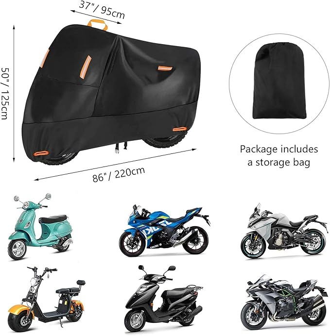 300D Motorbike Cover Waterproof Outdoor, Seceles Durable All Season Protection Scooter Cover 4 Reflective Tape Storage Bag Fits up to 82" Funda para Moto (XL: 82" x 37" x 50")